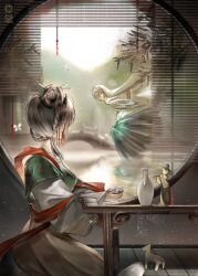 1boy 1girl arch_bridge bird_wings black_hair blurry blurry_background bottle bridge chinese_hairpin cup day facing_away from_side getian_(reverse:1999) green_shirt green_wings hair_bun harpy_boy headscarf highres holding holding_cup horse_statue indoors jiu_niangzi layered_sleeves long_hair long_sleeves looking_at_another looking_outside maruma_gozu monster_boy on_ground red_shawl reverse:1999 round_window seiza shawl shirt short_over_long_sleeves short_sleeves single_side_bun sitting skirt statuette table upper_body white_sleeves window window_blinds winged_arms wings yellow_skirt