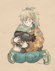 1boy 1girl aged_down animal_head bag black_gloves blonde_hair blue_eyes blue_jacket blue_pants brown_background caiman_(dorohedoro) clothes_writing cross cross_facial_mark dorohedoro dumpling eye_tattoo facial_mark food food-themed_bag gloves green_footwear green_shirt highres holding hood hooded_jacket hug jacket jiaozi light_smile lizardman long_hair looking_at_another looking_down multicolored_jacket needbee_r nikaidou_(dorohedoro) open_clothes open_jacket orange_jacket pants ponytail reptile_boy sharp_teeth shirt shoes simple_background sitting sitting_on_lap sitting_on_person sneakers spiked_hair spikes strap teeth two-tone_footwear two-tone_jacket wariza white_sneakers zipper