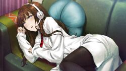 1girl black_pantyhose blush breast_pocket breasts brown_hair collared_shirt couch fingernails future_gadget_lab game_cg hair_between_eyes hair_over_shoulder happy headphones highres huke indoors knees looking_at_viewer lying makise_kurisu narrowed_eyes necktie official_art on_couch on_side open_mouth pantyhose pocket purple_eyes purple_trim red_necktie ringed_eyes seductive_smile shiny_lips shirt small_breasts smile solo square_pupils steins;gate steins;gate:_my_darling&#039;s_embrace thick_thighs thighs tongue waking_up white_shirt