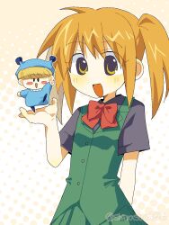 :d blonde_hair blue_pajamas blush_stickers bow bowtie grey_shirt hat highres looking_at_viewer minami_kaede mini_person mirumo mirumo_de_pon! nightcap nm_shirasu open_mouth pajamas red_bow red_bowtie shirt smile solid_oval_eyes twintails twitter_username upper_body yellow_eyes