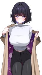 1girl absurdres black_hair black_pants breasts brown_coat coat commission cowboy_shot cross-shaped_pupils high-waist_pants highres large_breasts long_sleeves looking_at_viewer midriff_peek off_shoulder open_clothes open_coat original pants parted_lips purple_eyes shirt short_hair simple_background solo starry_sky_print suisen_(suisenhwa) symbol-shaped_pupils white_background white_shirt