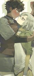 Rule 34 | 2boys, absurdres, armor, bags under eyes, black eyes, black hair, blue eyes, blush, chainmail, cowboy shot, curly hair, dark-skinned male, dark skin, dungeon meshi, elf, face-to-face, from side, gorget, grey hair, highres, kabedon, kabru, leather armor, long sleeves, looking at another, male focus, maratang, mithrun, multiple boys, notched ear, pauldrons, pointy ears, profile, short hair, shoulder armor, single pauldron, sweatdrop, tunic, yaoi
