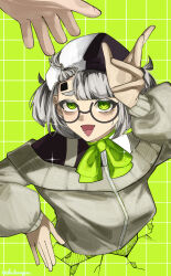 Rule 34 | 1girl, absurdres, bags under eyes, black-framed eyewear, bow, bowtie, cardigan, crack, cracked wall, dareka nuitekure (synthesizer v), facial mark, forehead mark, glasses, green background, green bow, green bowtie, green eyes, green pupils, grey cardigan, grey hair, grid background, hair ornament, hat, highres, long sleeves, off-shoulder cardigan, oki yudetamago, reaching, reaching towards another, ribbed cuffs, round eyewear, semi-rimless eyewear, short hair, shoulder strap, sparkle, sweatdrop, sweater, through wall, triangle mouth, two-tone hat, two-tone shirt, two side up, zipper