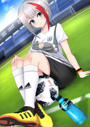 1girl 2018 2018_fifa_world_cup adidas admiral_graf_spee_(azur_lane) arm_support armband azur_lane ball black_shorts blue_eyes blue_sky blush bottle breasts closed_mouth cloud commentary_request day dutch_angle female_focus fingernails german_flag goal grass hand_on_own_knee highres kneehighs large_breasts lenxiao looking_at_viewer mosaic_pattern multicolored_hair on_grass outdoors print_shirt red_hair shirt shoes short_hair short_shorts short_sleeves shorts silver_hair sitting sky sneakers soccer soccer_ball soccer_field soccer_uniform socks solo sportswear stadium streaked_hair sweat sweatband telstar_18 thighs water_bottle white_shirt white_socks world_cup yellow_shoes