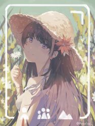 1girl absurdres artist_name black_hair brown_eyes closed_mouth flower from_behind hat hat_flower highres holding holding_flower long_hair melon_(melontsai) original outdoors shirt smile straw_hat sun_hat twitter_username watermark white_shirt
