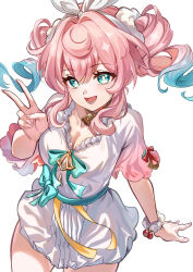 1girl absurdres aqua_eyes aqua_hair breasts cleavage commentary_request dress highres honkai:_star_rail honkai_(series) hyacine_(honkai:_star_rail) medium_breasts multicolored_hair official_alternate_costume open_mouth pink_hair scrunchie simple_background smile solo thighs twintails two-tone_hair v white_background white_dress wrist_scrunchie zawzawa