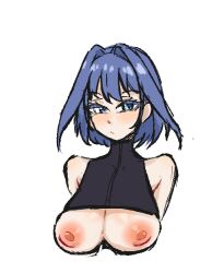 1girl blue_eyes blue_hair breasts closed_mouth hair_intakes hololive hololive_english large_breasts medium_hair nipples ouro_kronii penguin_stamp simple_background solo virtual_youtuber white_background