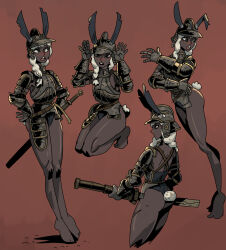 1girl animal_ears armor black_leotard blush braid breastplate buck_teeth dark-skinned_female dark_skin grey_eyes hair_over_shoulder hands_on_own_hips highres ho-uja kneeling korean_commentary leotard looking_at_viewer medium_hair mixed-language_commentary no_pants original pauldrons rabbit_ears rabbit_girl rabbit_pose rabbit_tail rerebrace scabbard sheath shoulder_armor simple_background single_braid strapless strapless_leotard tail teeth upper_teeth_only white_hair