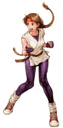1girl absurdres angry braid brown_eyes brown_hair capcom_vs_snk clenched_hands converse dougi fingerless_gloves game_cg gloves headband highres looking_to_the_side martial_arts_belt nishimura_kinu non-web_source official_art open_mouth purple_gloves purple_undershirt red_headband ryuuko_no_ken shoes simple_background sleeveless sneakers solo spandex teeth the_king_of_fighters undershirt white_background yuri_sakazaki