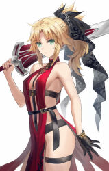 1girl bare_shoulders belt black_gloves blonde_hair braid breasts center_opening clarent_(fate) closed_mouth dress fate/apocrypha fate_(series) gloves green_eyes hair_ribbon half_up_braid highres long_hair looking_at_viewer mordred_(fate) mordred_(fate/apocrypha) parted_bangs ponytail red_dress ribbon sideboob sidelocks small_breasts solo sword thigh_strap thighs tonee variant_set weapon