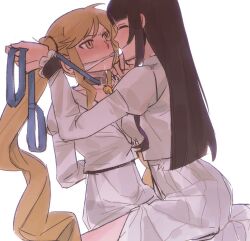 2girls arms_behind_back bdsm black_hair blonde_hair blush bondage bound cleave_gag closed_eyes closed_mouth cloth_gag collar commentary female_focus gag gagged hashtag-only_commentary highres holding holding_leash improvised_gag juliet_sleeves kurogane_otoha leash long_hair long_sleeves looking_at_another multiple_girls occoon puffy_sleeves rock_wa_lady_no_tashinami_deshite saliva school_uniform shirt simple_background sitting sitting_on_lap sitting_on_person skirt smile suzunomiya_lilisa twintails very_long_hair white_background white_shirt white_skirt yellow_eyes yuri