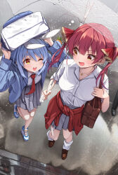 2girls :d ;d alternate_costume animal_ears arms_up bag blue_hair blue_jacket braid brown_shoes carrot_hair_ornament clothes_around_waist collared_shirt commentary_request extra_ears fang food-themed_hair_ornament full_body grey_skirt hair_ornament hair_ribbon heterochromia highres hikimayu holding holding_bag holding_umbrella hololive houshou_marine jacket jacket_around_waist jewelry loafers looking_at_another loose_socks multicolored_hair multiple_girls necklace necktie one_eye_closed open_mouth orange_eyes pleated_skirt rabbit-shaped_pupils rabbit_ears rabbit_girl rain red_eyes red_hair red_jacket red_necktie red_ribbon reflection ribbon school_bag shirt shirt_tucked_in shoes short_eyebrows skin_fang skirt sleeves_rolled_up smile socks summer_tail720 symbol-shaped_pupils teeth thick_eyebrows transparent transparent_umbrella twin_braids twintails two-tone_hair umbrella upper_teeth_only usada_pekora virtual_youtuber white_hair white_shirt white_sneakers white_socks yellow_eyes