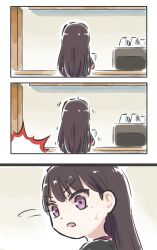 1girl bang_dream! bang_dream!_it&#039;s_mygo!!!!! black_hair black_shirt commentary highres long_hair lyy mole mole_under_eye open_mouth purple_eyes shiina_taki shirt short_sleeves sweatdrop symbol-only_commentary