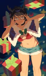 1girl :3 adjusting_eyewear antlers arms_up bell bikini bikini_under_clothes black-framed_eyewear black_choker black_hair black_hairband black_horns blue_capelet blurry blurry_background borrowed_character bow box breasts capelet choker christmas christmas_present christmas_tree cleavage closed_mouth collarbone commentary dark-skinned_female dark_skin denim denim_shorts english_commentary fake_antlers fake_horns feet_out_of_frame floating floating_object fur-trimmed_capelet fur_trim gift gift_art gift_box glasses green_bow groin hair_flaps hairband hands_on_own_head highleg highleg_bikini highres horn_hairband horns karassawa knees leaning_forward leaning_to_the_side long_eyelashes looking_at_viewer medium_breasts navel open_hands original raised_eyebrows rectangular_eyewear red_bikini reindeer_antlers short_hair short_shorts shorts smile solo standing swept_bangs swimsuit thick_eyelashes thighs torn_clothes torn_shorts underboob wavy_hair wide_hips
