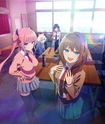 4girls absurdres black_hair black_thighhighs blazer blue_eyes blue_hoodie breasts brown_hair brown_jacket cardigan chair classroom collared_shirt colored_inner_hair desk fake_horns grey_skirt hand_on_own_hip headphones highres himekawa_nene hood hoodie horns indoors inohana_rikka instrument jacket kirino_iko lens_flare long_hair looking_at_viewer mayonaka_heart_tune medium_breasts multicolored_hair multiple_girls necktie official_art open_clothes open_jacket open_mouth orange_eyes piano pink_cardigan pink_hair pleated_skirt red_eyes red_necktie school_chair school_desk school_uniform shirt sitting skirt smile standing teeth thighhighs twintails unworn_headphones upper_teeth_only uzuki_shinobu white_hair white_shirt zettai_ryouiki