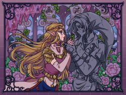 1boy 1girl armor artist_name belt blonde_hair blush closed_mouth column crying day dress ear_piercing earrings from_side gloves hands_up hat highres holding_hands instrument jewelry link lips long_hair looking_at_another mroczniak_(gloomy_chuu) nintendo ocarina outdoors parted_lips petrification phrygian_cap piercing pillar pink_dress pointy_ears princess_zelda shoulder_armor smile tears the_legend_of_zelda the_legend_of_zelda:_ocarina_of_time triforce tunic very_long_hair