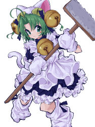 1girl absurdres ahoge animal_ears animal_hands animal_hat apron bell blush_stickers broom cat_hat cat_tail commentary_request dejiko di_gi_charat dress fake_animal_ears frilled_dress frills full_body gloves green_eyes green_hair hair_bell hair_ornament hat highres holding holding_broom maid mugi_(mugimugi_9kv) neck_bell parted_bangs paw_gloves paw_shoes short_sleeves solo sweat tail twintails