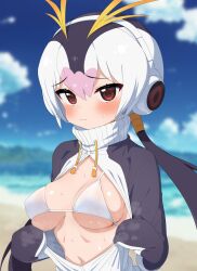 beach bikini bikini_under_clothes black_hair blonde_hair blush breasts cloud cloudy_sky commentary headphones highres jacket kemono_friends large_breasts long_hair long_sleeves looking_at_viewer multicolored_hair ocean open_mouth partially_open_jacket penguin_girl pink_hair ransusan red_eyes royal_penguin_(kemono_friends) short_hair sky swimsuit turtleneck twintails white_bikini white_hair