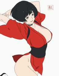 1girl arms_up black_choker black_hair bottomless breasts choker cleavage collarbone d.k grey_eyes highres japanese_clothes kimono kurenai_(red_ninja) red_kimono red_ninja running short_hair sketch smile solo unfinished