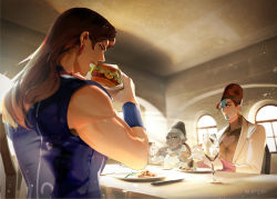 Rule 34 | 3boys, bare shoulders, black jacket, black sweater, bread, brown eyes, brown hair, burger, chair, coat, cup, drinking glass, earrings, food, gloves, highres, holding, holding food, indoors, jacket, jewelry, jojo no kimyou na bouken, kenny g, long hair, long sleeves, multiple boys, open mouth, plate, pointy ears, sitting, sleeveless, stardust crusaders, sweater, table, terence t. d&#039;arby, turtleneck, turtleneck sweater, vanilla ice, water, white coat, white gloves, window, wine glass, zouhyou (at4190)