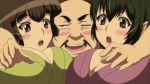 animated black_hair blush bouncing_breasts breasts brown_eyes brown_hair cleavage grey_eyes highres hoods_entertainment japanese_clothes kimono large_breasts manyuu_hikenchou multiple_girls pinching surprised takagi_jun video yukata