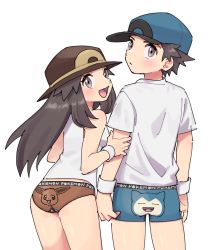 1boy 1girl alternate_costume baseball_cap blue_headwear blue_male_underwear blush boxer_briefs breasts brown_eyes brown_hair brown_headwear brown_panties character_print closed_mouth clothes_writing copyright_name cowboy_shot eevee from_behind gen_1_pokemon hand_up happy hat highres holding_another&#039;s_arm leaf_(pokemon) leaning_forward long_hair looking_at_viewer looking_back male_underwear matching_hair/eyes nintendo no_pants open_mouth panties pokemon pokemon_frlg pumpkinpan red_(pokemon) shirt short_hair short_sleeves sidelocks simple_background sleeveless sleeveless_shirt small_breasts smile snorlax spiked_hair standing sweatband underwear underwear_writing white_background white_shirt