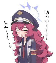 1girl blue_archive blue_halo closed_eyes collarbone commentary crossed_bangs dot_nose halo hat highres iroha_(blue_archive) koucha_(sr4ez) long_hair multicolored_halo necktie purple_halo red_hair red_necktie simple_background solo sweat translated two-tone_halo white_background