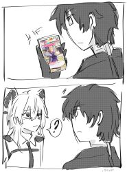 .osari 1boy 1girl ? bags_under_eyes closed_mouth collared_shirt curled_horns game_screenshot_inset gold_ship_(umamusume) greyscale highres holding holding_phone horns looking_at_another male_rover_(wuthering_waves) monochrome necktie phone rover_(wuthering_waves) shirt spoken_question_mark ueda_hitomi umamusume voice_actor_connection wuthering_waves zani_(wuthering_waves)