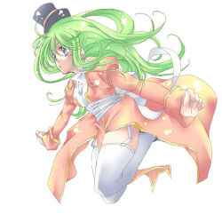 1girl black_hat blue_eyes closed_mouth commentary_request dress expressionless full_body garter_straps green_hair hat high_priest_(ragnarok_online) juliet_sleeves jumping long_hair long_sleeves lowres matoyuuki pink_dress puffy_sleeves ragnarok_online sash simple_background solo thighhighs top_hat two-tone_dress white_background white_dress white_sash white_thighhighs