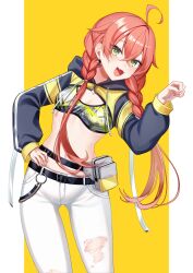 1girl absurdres ahoge belt black_belt blush braid cropped_jacket fangs fanny_pack highres hood hooded_jacket jacket long_hair long_sleeves looking_at_viewer miyatsuki_(in_air_w) nijisanji open_mouth orange_hair outside_border pants pillarboxed shishido_akari shishido_akari_(1st_costume) solo tank_top torn_clothes torn_pants twin_braids virtual_youtuber white_pants yellow_background yellow_eyes