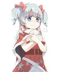 Rule 34 | 1girl, blue eyes, blue hair, blush, bow, capelet, closed mouth, covering breasts, covering privates, cowboy shot, crossed arms, dress, earrings, embarrassed, fur-trimmed dress, fur trim, furrowed brow, hair bow, hands up, highres, jewelry, long hair, looking at viewer, magia record: mahou shoujo madoka magica gaiden, mahou shoujo madoka magica, minami rena, minami rena (christmas costume), nervous smile, official alternate costume, red capelet, red dress, ringlets, samidare (hoshi), santa costume, santa dress, simple background, smile, solo, standing, trembling, two side up, white background