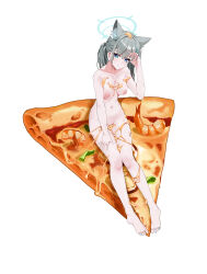 Rule 34 | 1girl, absurdres, animal ear fluff, animal ears, bare legs, barefoot, blue archive, blue eyes, blue halo, blush, breasts, closed mouth, completely nude, cross, cross hair ornament, extra ears, food, full body, gang shi shao e fan, grey hair, hair ornament, halo, hand on own thigh, hand up, highres, inverted cross, looking at viewer, medium breasts, mismatched pupils, navel, nipples, nude, official alternate hairstyle, pizza, ponytail, shiroko (blue archive), short hair, short ponytail, shrimp, simple background, sitting on food, smile, solo, stomach, thighs, toes, white background, wolf ears, wolf girl