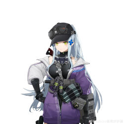 1girl absurdres baseball_cap black_leotard girls&#039;_frontline girls&#039;_frontline_2:_exilium green_eyes grey_hair hand_on_own_hip hat highres hk416_(girls&#039;_frontline) jacket klukai_(girls&#039;_frontline_2) leotard leotard_under_clothes looking_at_viewer m84_stun-grenade magazine_(weapon) official_art purple_jacket saikoro_xiangcai_miaomiao_wu solo teardrop_facial_mark watermark weibo_username weibo_watermark white_background zipper