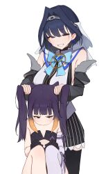 2girls absurdres anger_vein asymmetrical_legwear black_dress black_gloves black_skirt blue_gemstone blue_hair blue_ribbon brooch detached_sleeves dress gem gloves grin hair_intakes head_chain heart heart_brooch highres hololive hololive_english jewelry long_hair looking_at_another multiple_girls ninomae_ina&#039;nis ninomae_ina&#039;nis_(1st_costume) ouro_kronii ouro_kronii_(1st_costume) pinstripe_pattern pinstripe_shirt pinstripe_skirt playing_with_another&#039;s_hair pout puffy_cheeks purple_hair ribbon sailor_collar seuhu shirt short_hair simple_background single_sleeve single_thighhigh sitting skirt smile tentacle_hair thighhighs twintails v-shaped_eyebrows virtual_youtuber white_background white_sailor_collar