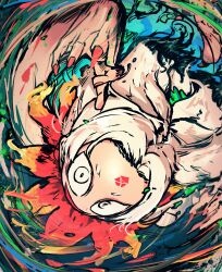 1girl blue_background claw_pose claws colorful_background commentary_request fingernails forehead forehead_tattoo highres houjuu_chimi jumping long_hair looking_at_viewer open_mouth orange_nails piaki short_eyebrows smile solo touhou white_hair