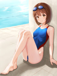 Rule 34 | 1girl, barefoot, blue one-piece swimsuit, breasts, brown eyes, brown hair, ca paria, commentary request, competition swimsuit, goggles, goggles on head, hagiwara yukiho, highleg, highleg one-piece swimsuit, idolmaster, idolmaster million live!, one-piece swimsuit, pool, poolside, short hair, sitting, small breasts, solo, swimsuit