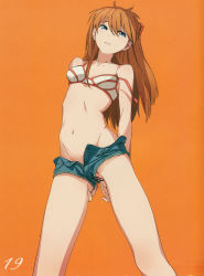 1girl absurdres arms_behind_back bad_anatomy blue_eyes bra breasts censored cutoffs dripping female_focus female_masturbation food fruit highres long_hair looking_away masturbation mebae navel neon_genesis_evangelion no_panties off_shoulder open_fly orange_(fruit) orange_background orange_hair parted_lips pussy pussy_juice short_shorts shorts simple_background small_breasts solo souryuu_asuka_langley spread_pussy spread_pussy_under_clothes stomach strap_slip thighs underwear unzipped upshorts