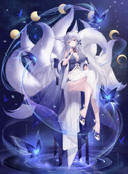 1girl absurdres animal_ear_fluff animal_ears azur_lane bare_shoulders blue_choker blue_dress blush breasts bug butterfly chair choker cleavage commentary_request dress evening_gown feather_boa fox_ears fox_girl fox_tail full_body glowing_butterfly grey_hair grey_tail hair_ornament hand_up high_heels highres index_finger_raised insect invisible_chair kitsune kyuubi large_breasts large_tail lieend light_particles light_trail long_dress long_hair looking_at_viewer moon_phases multiple_tails official_alternate_costume parted_lips purple_eyes shinano_(azur_lane) shinano_(dreams_of_the_hazy_moon)_(azur_lane) sitting solo tail thighs two-tone_dress