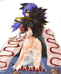 1girl animal_ears argyle_clothes argyle_dress ass blue_eyes blue_hair blush breasts bug cat_ears cat_girl commentary_request detached_sleeves dress eye_mask feet_out_of_frame flying_sweatdrops from_behind fur_collar goinkyo green_eyes hair_between_eyes kaminagi_(kaminagi-tei) kukre large_breasts long_bangs long_hair looking_at_viewer looking_back no_panties open_mouth ragnarok_online see-through_clothes see-through_dress side_slit sleeveless sleeveless_dress solo sorcerer_(ragnarok_online) standing wading water wet wet_clothes wet_dress white_background white_dress white_sleeves