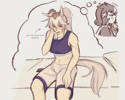 Rule 34 | 2girls, ahoge, animal ears, belno light (umamusume), blue sports bra, blush, breasts, closed eyes, commentary, ears back, english commentary, feet out of frame, grey background, grey hair, grey tail, hair ornament, hand on own chin, highres, horse ears, horse girl, horse tail, image in thought bubble, imagining, letter hair ornament, medium breasts, midriff, multiple girls, navel, open mouth, purple eyes, short hair, shorts, sitting, small sweatdrop, sonyr4in, sports bra, sportswear, tail, toned, toned female, umamusume, umamusume: cinderella gray, white shorts, wiping face