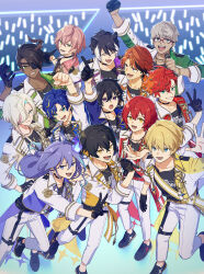 6+boys :d :o ^_^ absurdres animal_ears aqua_hair aragami_oga arm_up arurandeisu astel_leda beckoning belt belt_buckle black_belt black_choker black_gloves black_hair black_shirt black_shoes blonde_hair blue_belt blue_eyes blue_hair blue_jacket bracelet buckle choker clenched_hand closed_eyes closed_mouth collarbone commentary concert crew_neck cropped_jacket curtained_hair demon_horns earrings emblem english_commentary everyone eyepatch fang flower from_above full_body glasses gloves glowstick green_eyes green_jacket grey_eyes grey_hair grin group_picture hair_between_eyes hair_flower hair_ornament hair_over_one_eye half_gloves hanasaki_miyabi hand_on_own_hip heterochromia highres hizaki_gamma holding holding_microphone holostars holostars_idol_uniform_(movin_on) horns idol idol_clothes index_finger_raised jackal_boy jackal_ears jacket jewelry kageyama_shien kanade_izuru kishido_temma lapel_pin lapels lightning_bolt lightning_bolt_hair_ornament lightning_bolt_symbol long_hair looking_at_another looking_at_viewer looking_to_the_side low-tied_long_hair lower_teeth_only male_focus medium_hair microphone minase_rio mole mole_under_eye multicolored_hair multicolored_jacket multiple_boys necklace notched_lapels open_clothes open_jacket open_mouth orange_belt orange_eyes orange_hair orange_jacket pants pink_hair pink_jacket print_shirt purple_eyes purple_hair purple_jacket red-framed_eyewear red_belt red_hair red_jacket rikka_(holostars) rozu_ki sash see-through_clothes shirt shoes short_hair shoulder_sash single_earring single_glove single_horn skin_fang sleeve_cuffs smile stage standing standing_on_one_leg streaked_hair teeth thigh_strap two-tone_hair two-tone_jacket upper_body utsugi_uyu v-shaped_eyebrows virtual_youtuber w waist_cape waving white_hair white_jacket white_pants yatogami_fuma yellow_belt yellow_eyes yellow_jacket yukoku_roberu