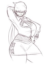 1girl 1shermieaday breasts cleavage_cutout clothing_cutout curvy dress earrings female_focus heart huge_breasts jacket jewelry large_breasts long_hair pale_skin ponytail shermie_(kof) skirt smile the_king_of_fighters thick_thighs thighs twintails wide_hips