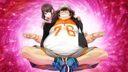 Rule 34 | 1boy, 1girl, black vest, blue shoes, brown eyes, brown hair, butterfly sitting, clenched teeth, clothes lift, dress, drooling, ears visible through hair, fat, fat man, floating, fukuda tomonori, glasses, grey shorts, grin, hashida itaru, hat, highres, hood, hooded vest, hoodie, light particles, looking at another, lotus position, meditation, medium hair, mouth drool, mudra, non-web source, nurse, official art, opaque glasses, orange shirt, orange shorts, pervert, pink dress, purple background, robotics;notes, saliva, senomiya akiho, shirt, shoelaces, shoes, shorts, sitting, sleeveless vest, smile, sneakers, striped clothes, striped shirt, striped shorts, t-shirt, teeth, v-shaped eyebrows, vest, white shirt, wristband