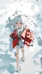 1girl barefoot clara_(honkai:_star_rail) coat honkai:_star_rail honkai_(series) mochi_upamo o-ring red_coat red_eyes snow solo thigh_strap walking white_hair