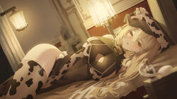 1girl animal_print arm_above_head arm_up aspih_sp bikini black_bodysuit blonde_hair blush bodysuit breasts cleavage cow_print cow_print_bikini cow_print_thighhighs desk_lamp earrings heart heart_earrings highres jewelry lamp large_breasts long_hair looking_at_viewer lying mirror on_side open_mouth original print_bikini print_thighhighs red_eyes solo swimsuit thighhighs