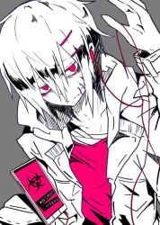 1boy biohazard_symbol earphones grey_background headphones hood hoodie itoshiki_eru male_focus monster_parade original phone red_eyes red_shirt shirt simple_background sketch tired_eyes