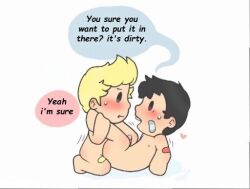 2boys anal ass bad_tag bare_hips bare_legs barefoot black_eyes black_hair blonde_hair blush completely_nude feet legs lifting_legs looking_at_another lucas_(mother_3) lying male_focus mother_(series) mother_2 mother_3 multiple_boys nervous ness_(mother_2) nintendo nude sex shota speech_bubble super_smash_bros. sweat sweatdrop tape white_background yaoi