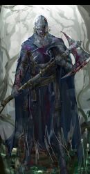 1boy absurdres armor axe bare_tree battle_axe belt belt_buckle blonde_hair blood blood_on_armor blood_on_clothes bloody_weapon blue_eyes blue_tabard brown_belt buckle cape chainmail chest_belt commentary covered_face creighton_of_mirrah dark_souls_(series) dark_souls_ii english_commentary full_body helmet highres holding holding_weapon looking_at_viewer male_focus mask nslacka outdoors solo standing tabard tree weapon