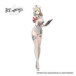 Rule 34 | + +, 1girl, blonde hair, blue eyes, breasts, cleavage cutout, clipboard, clothing cutout, copyright name, crossed ankles, dress, earrings, full body, garter belt, garter straps, gloves, grin, hand up, hat, heart, heart cutout, highres, holding, holding clipboard, holding syringe, jewelry, lace, lace-trimmed thighhighs, lace trim, large breasts, logo, looking at viewer, nurse cap, official alternate costume, official art, panties, priscilia (rememento), rememento: white shadow, shoes, short dress, short sleeves, side slit, smile, solo, standing, syringe, tachi-e, thigh strap, thighhighs, underwear, white background, white dress, white gloves, white hat, white panties, white shoes, white thighhighs