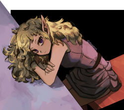 1girl arms_on_table bags_under_eyes blonde_hair dungeon_meshi elf fleki gloves head_on_arm head_rest leaning_on_table long_hair looking_at_viewer mushirem notched_ear pointy_ears purple_eyes single_glove sitting sleeveless solo tunic twintails